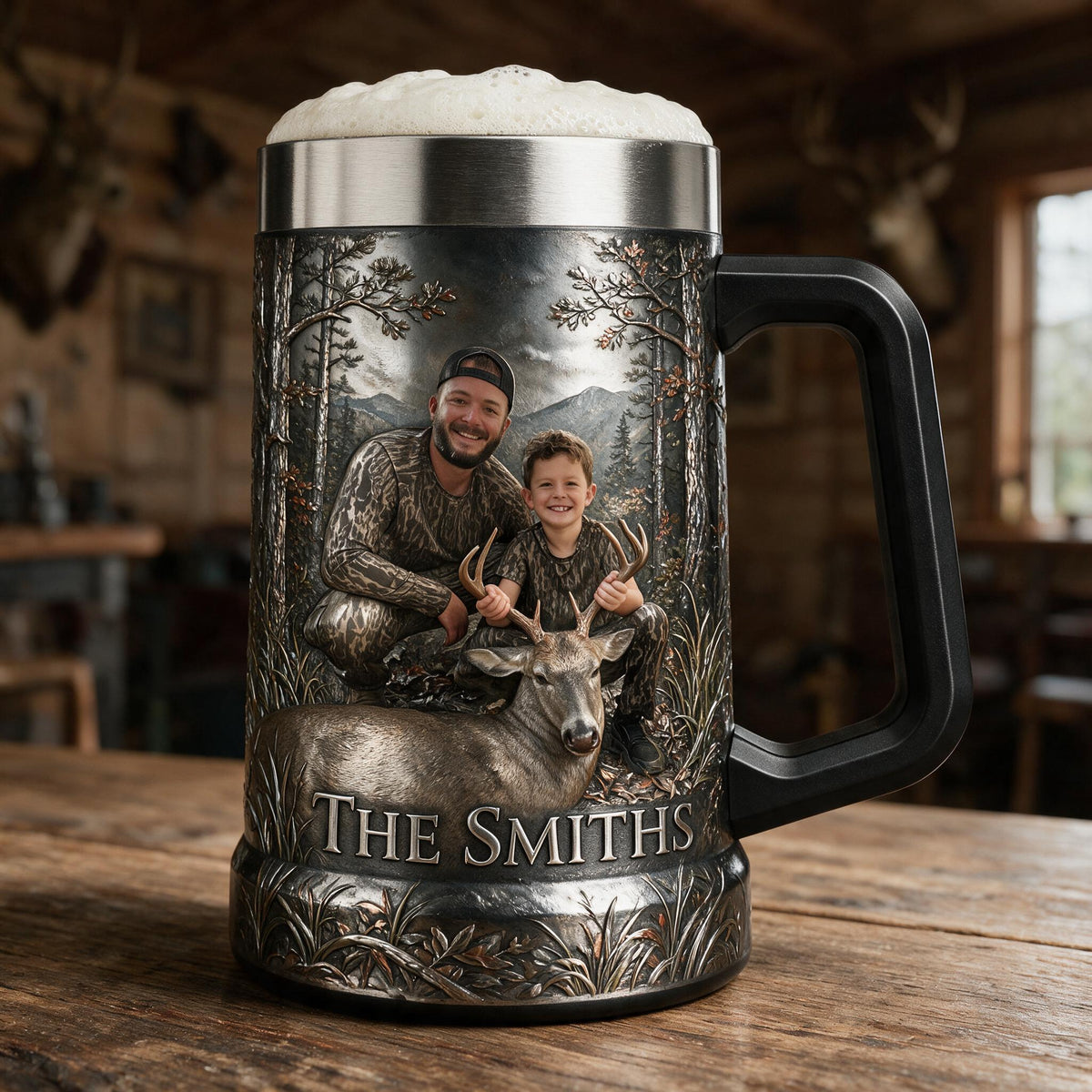 Personalized Custom Photo Hunter and Child with Deer Beer Stein Hunting Gift