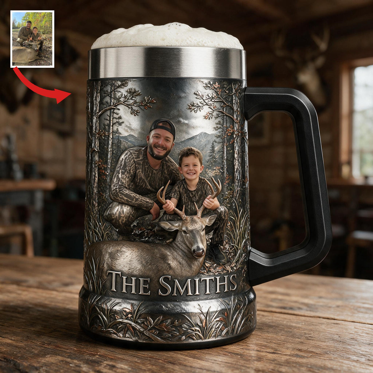 Personalized Custom Photo Hunter and Child with Deer Beer Stein Hunting Gift