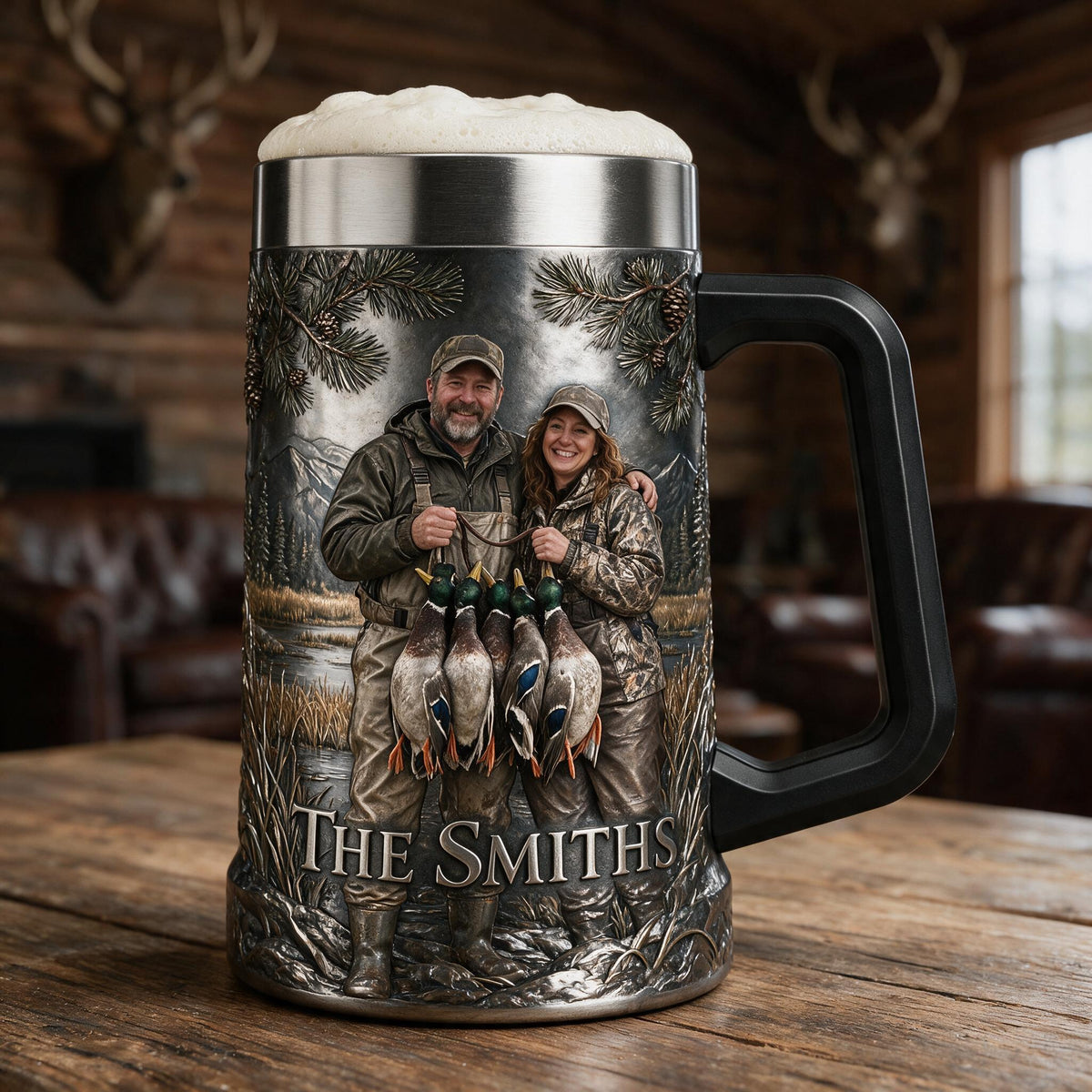 Personalized Custom Photo Middle-aged Duck Hunting Couple Beer Stein Hunting Gift