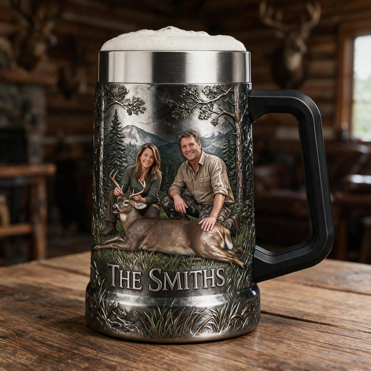 Personalized Custom Photo Middle-Aged Hunting Couple with Deer Beer Stein Hunting Gift