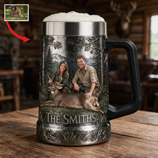 Stein à bière personnalisé photo couple de chasse d'âge moyen avec cerf