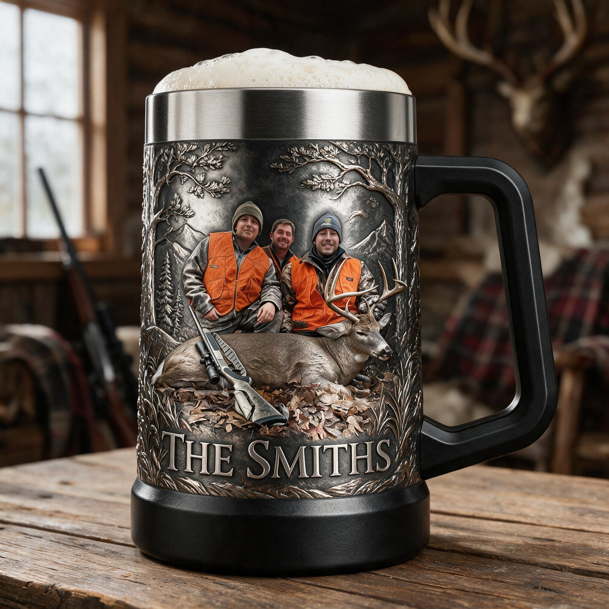 Personalized Custom Photo Hunting Group with Deer Beer Stein Hunter Gift
