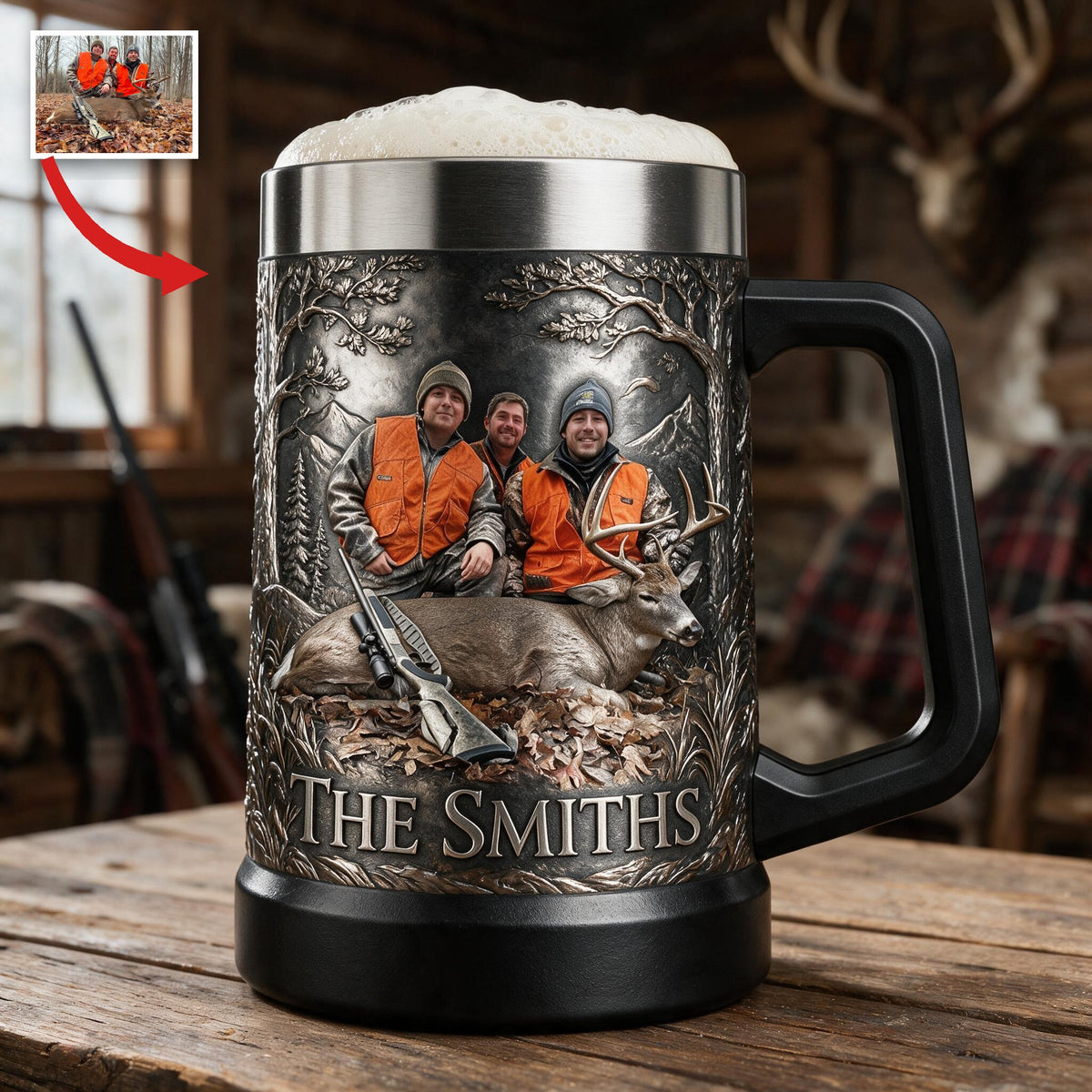 Personalized Custom Photo Hunting Group with Deer Beer Stein Hunter Gift