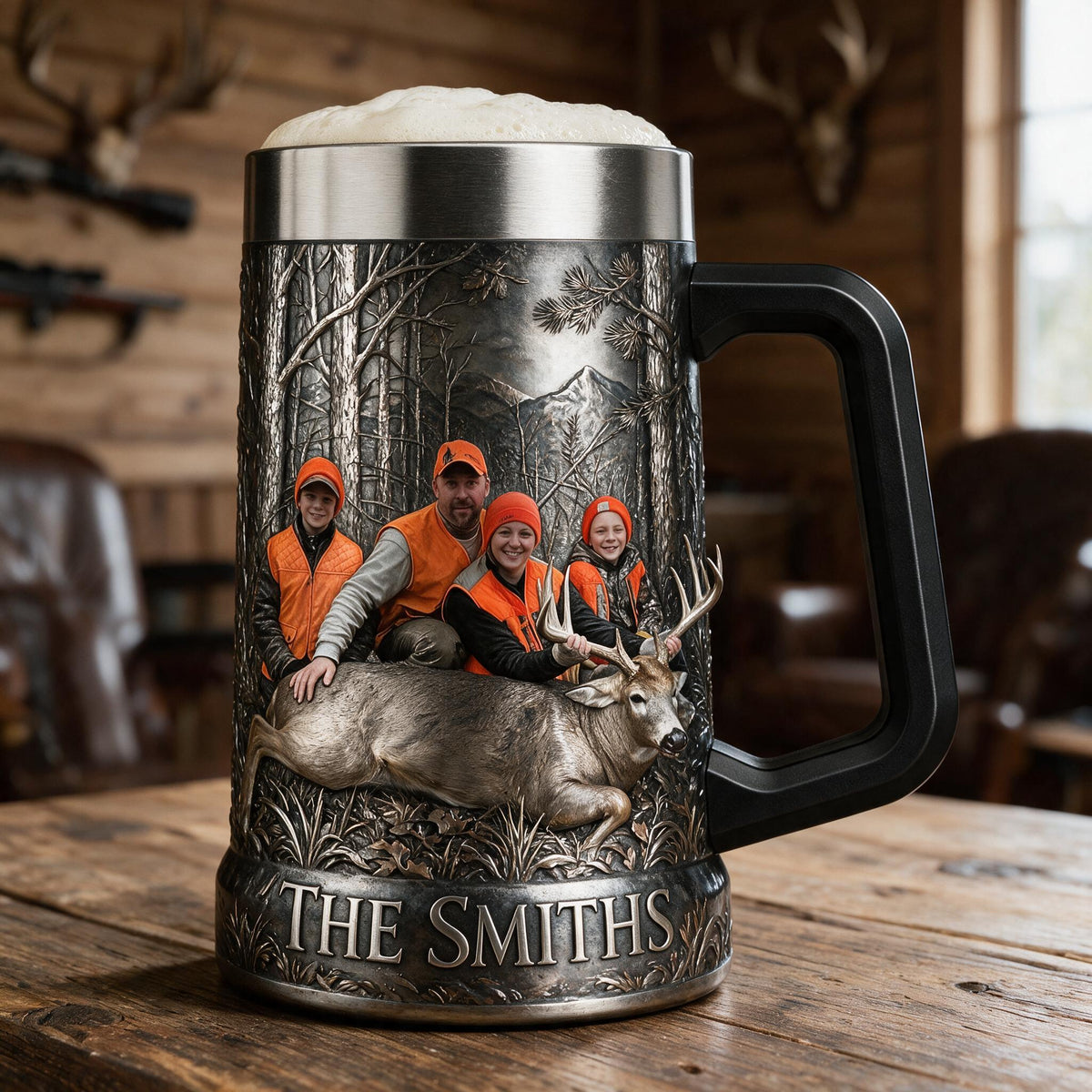 Personalized Custom Photo Hunting Family with Deer Beer Stein, Hunter Gift