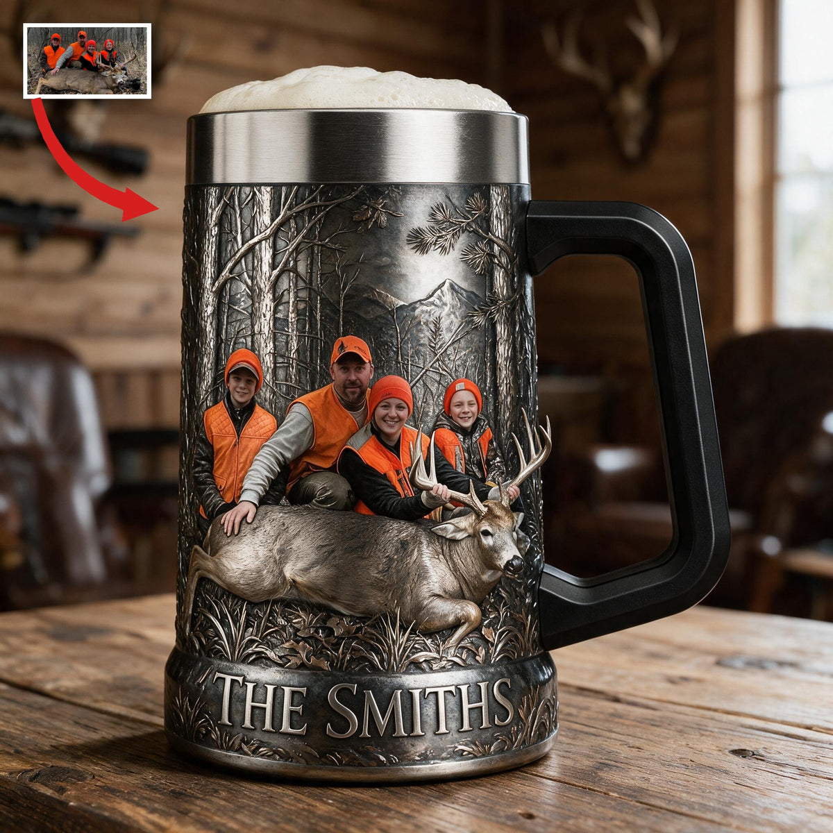 Personalized Custom Photo Hunting Family with Deer Beer Stein, Hunter Gift