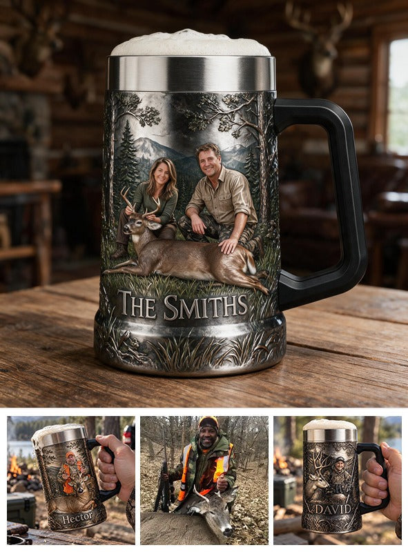 Personalized Custom Photo Middle-Aged Hunting Couple with Deer Beer Stein Hunting Gift