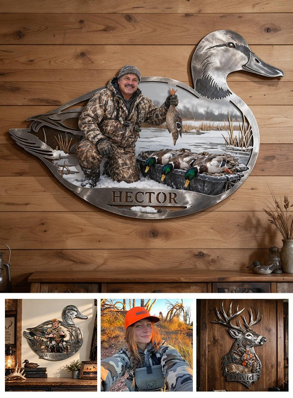 Personalized Custom Photo Middle-Aged Latino Duck Hunter 3D Cut Metal Sign Hunting Decor