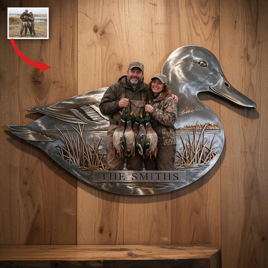 Personalisierte 3D Metalltafel für Jagdpaar mit Entenmotiv