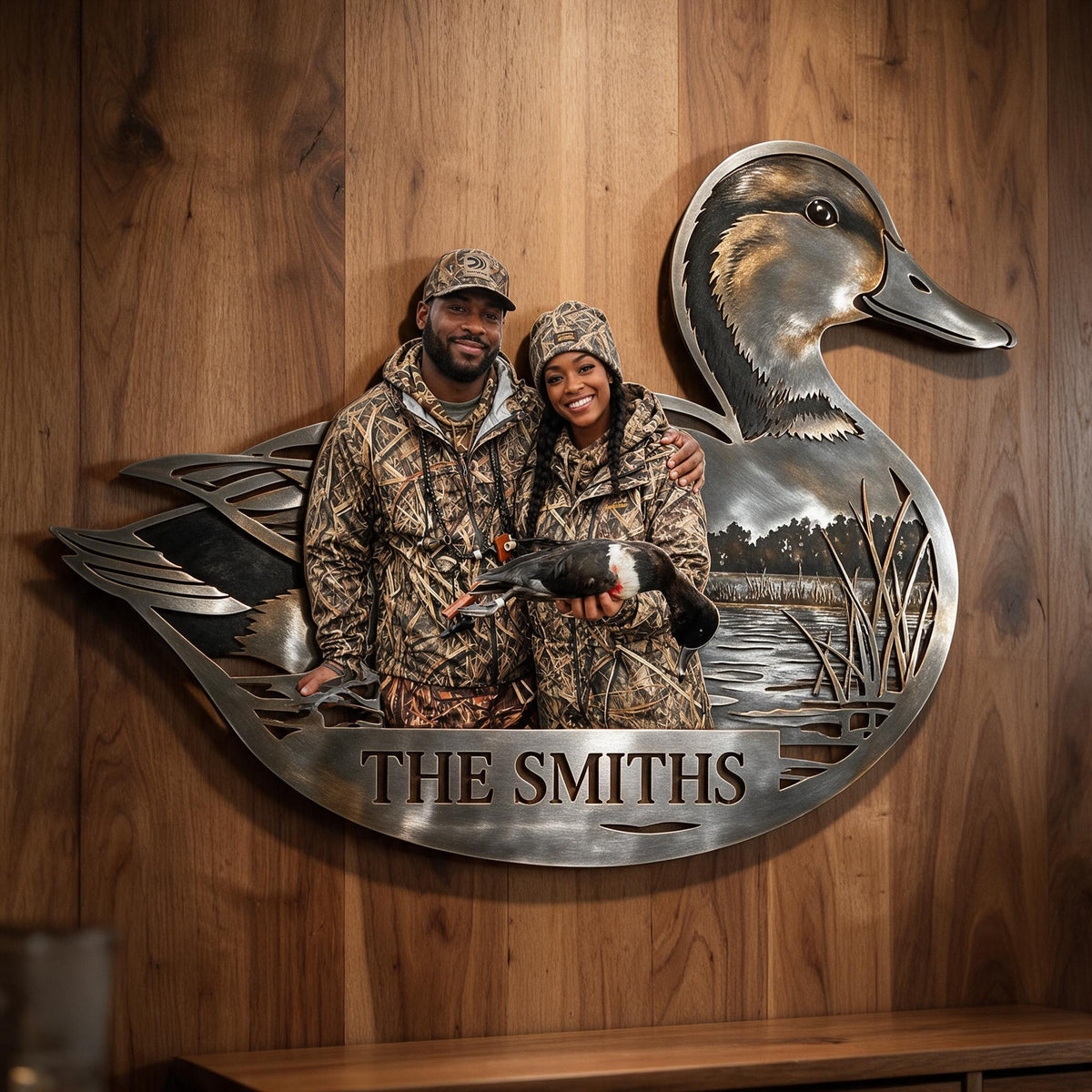 Personalized Custom Photo Black Hunting Couple 3D Cut Metal Sign Hunting Wall Decor