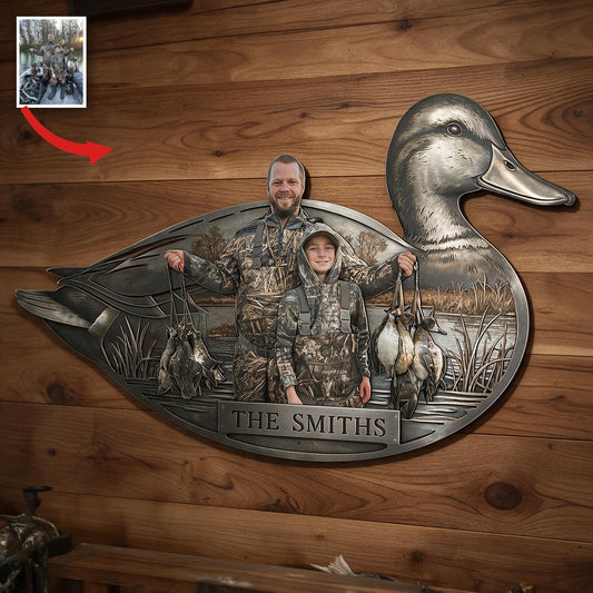 Personalisierte 3D Metalltafel für Vater und Kind Entenjäger