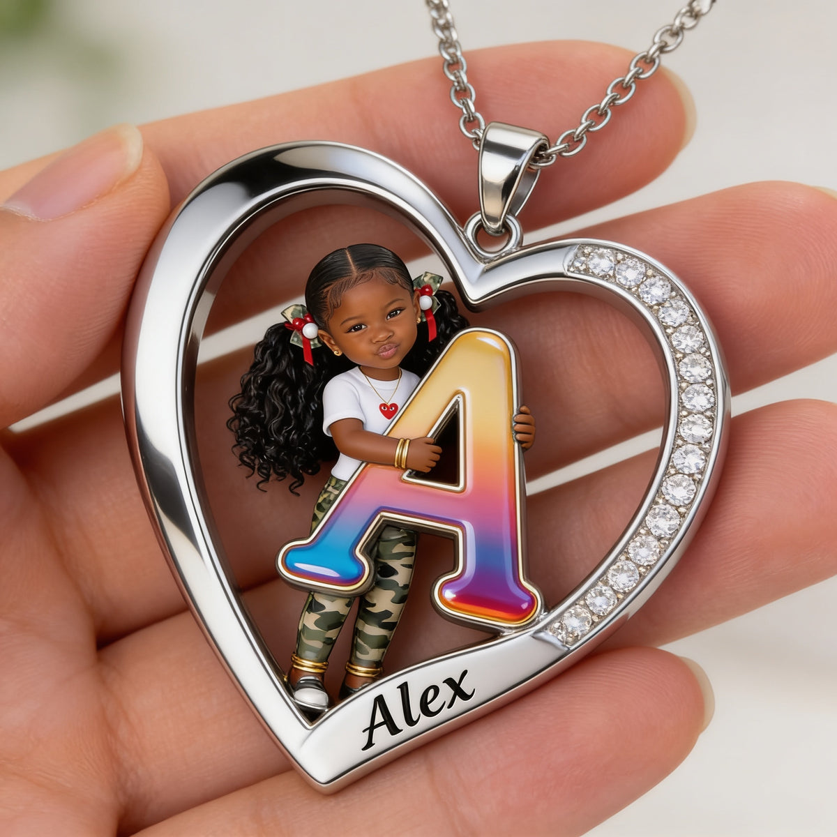 Personalized Custom Photo Black Little Girl Heart Pendant Necklace, Daughter Granddaughter Niece Gift