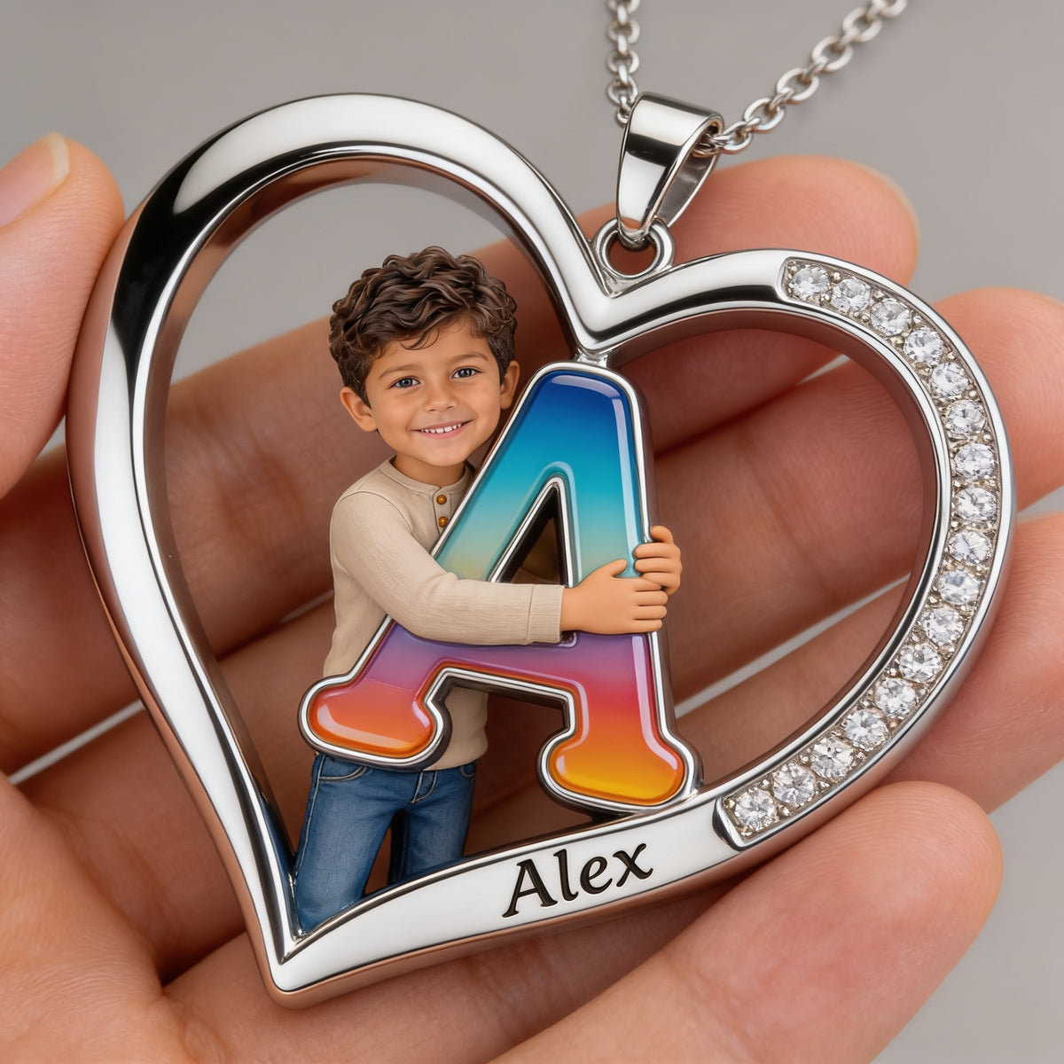 Personalized Custom Photo Latino Little Boy Heart Pendant Necklace Son Grandson Nephew Gift