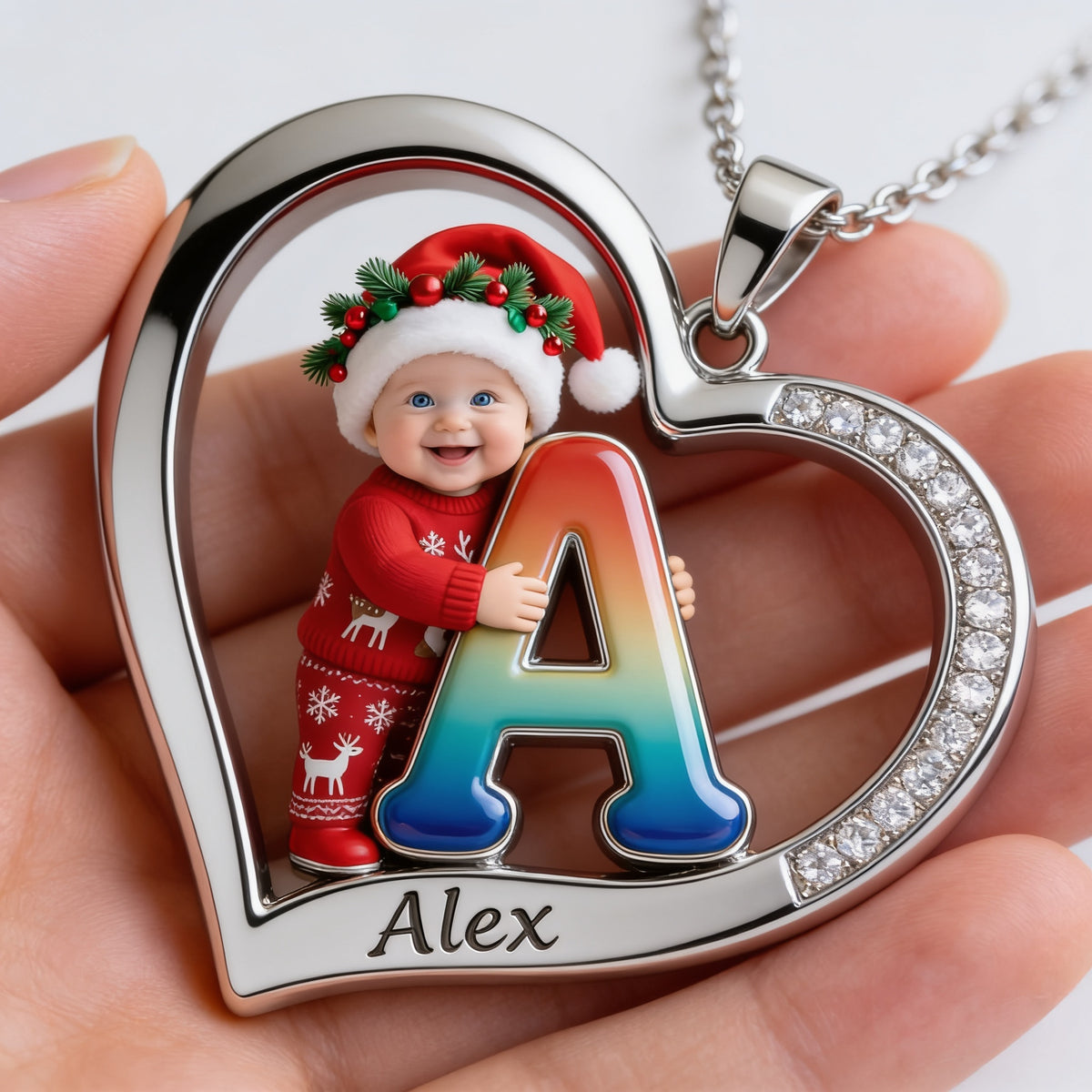 Personalized Custom Photo Christmas Baby Boy Heart Pendant Necklace