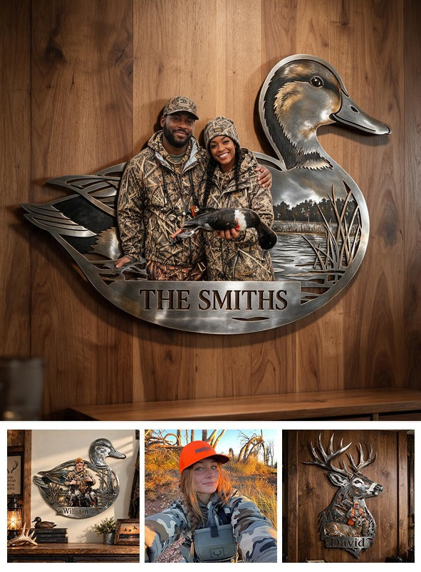 Personalized Custom Photo Black Hunting Couple 3D Cut Metal Sign Hunting Wall Decor