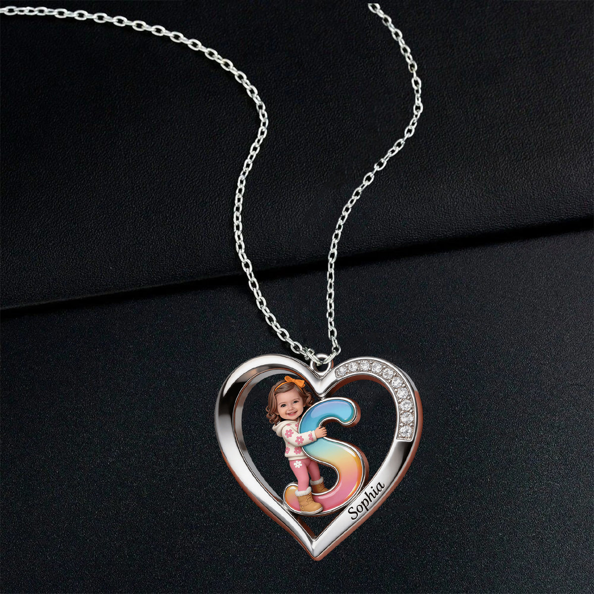 Personalized Custom Photo Black Little Girl Heart Pendant Necklace, Daughter Granddaughter Niece Gift