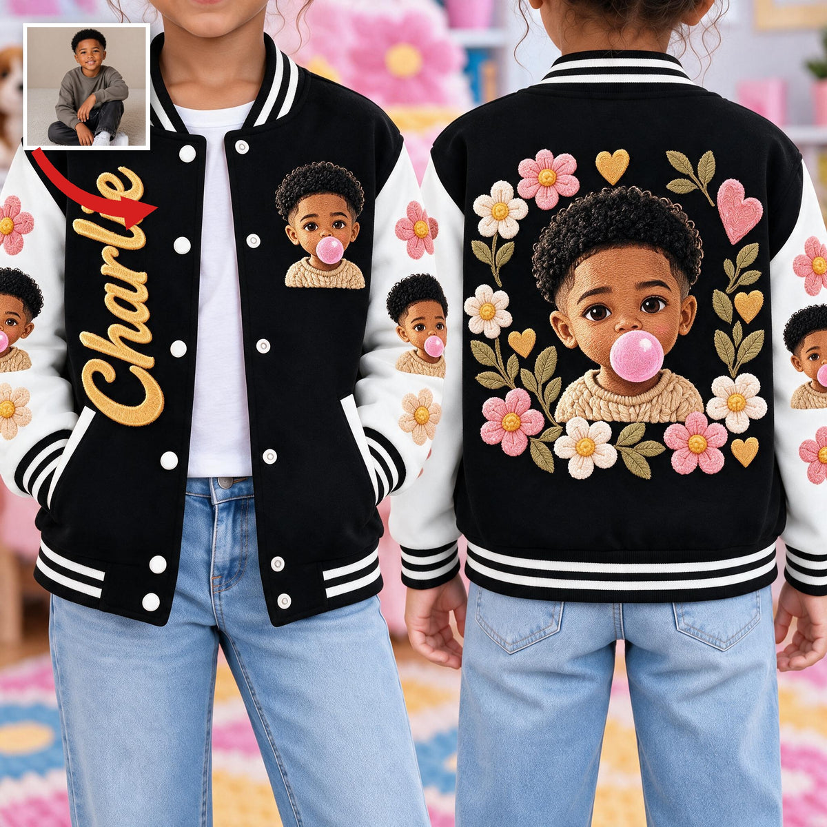 Personalized Black Little Boy Varsity Jacket Custom Gift for Son Grandson Nephew