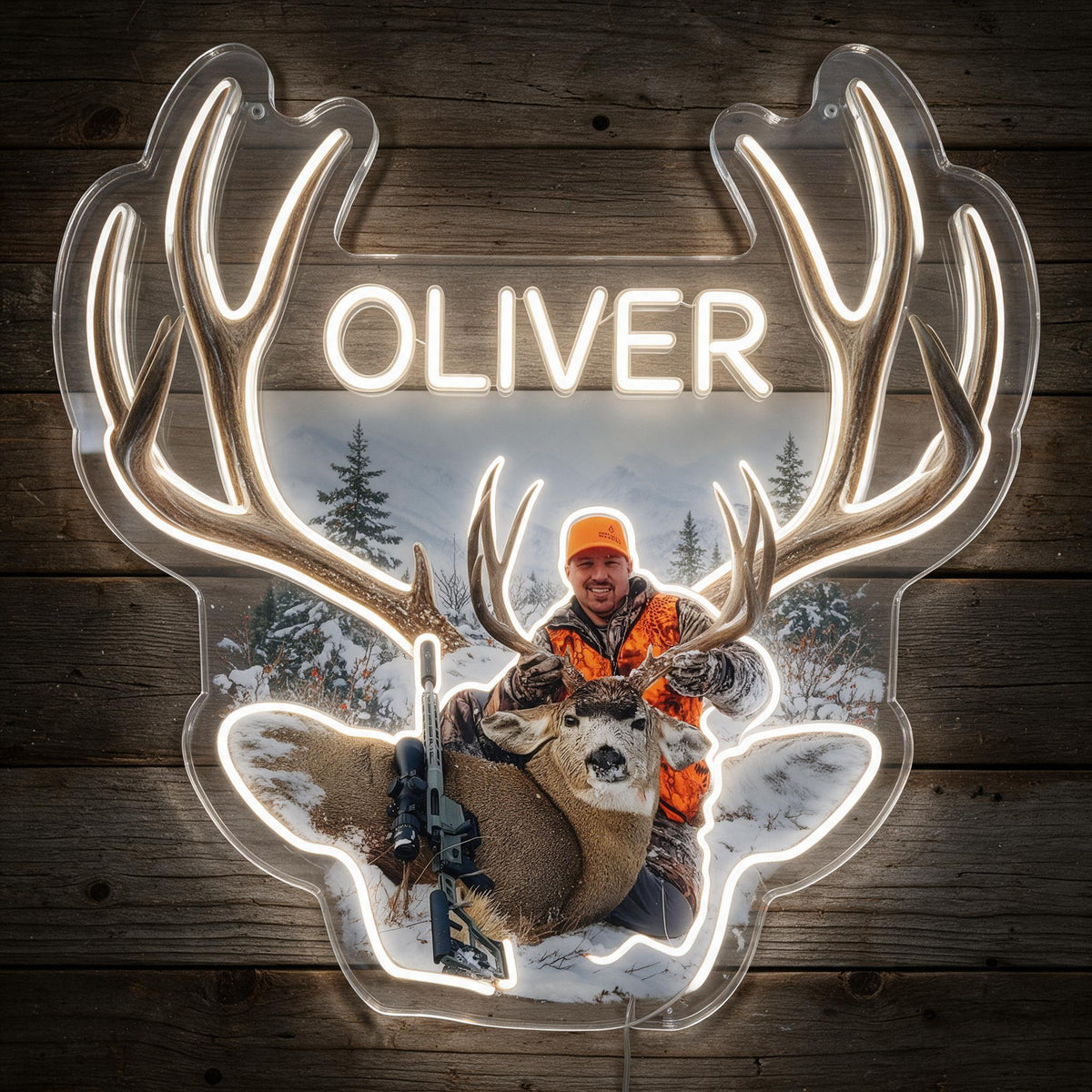 Personalized Middle-Aged Hunter with Deer Neon LED Light Sign Hunting Decor
