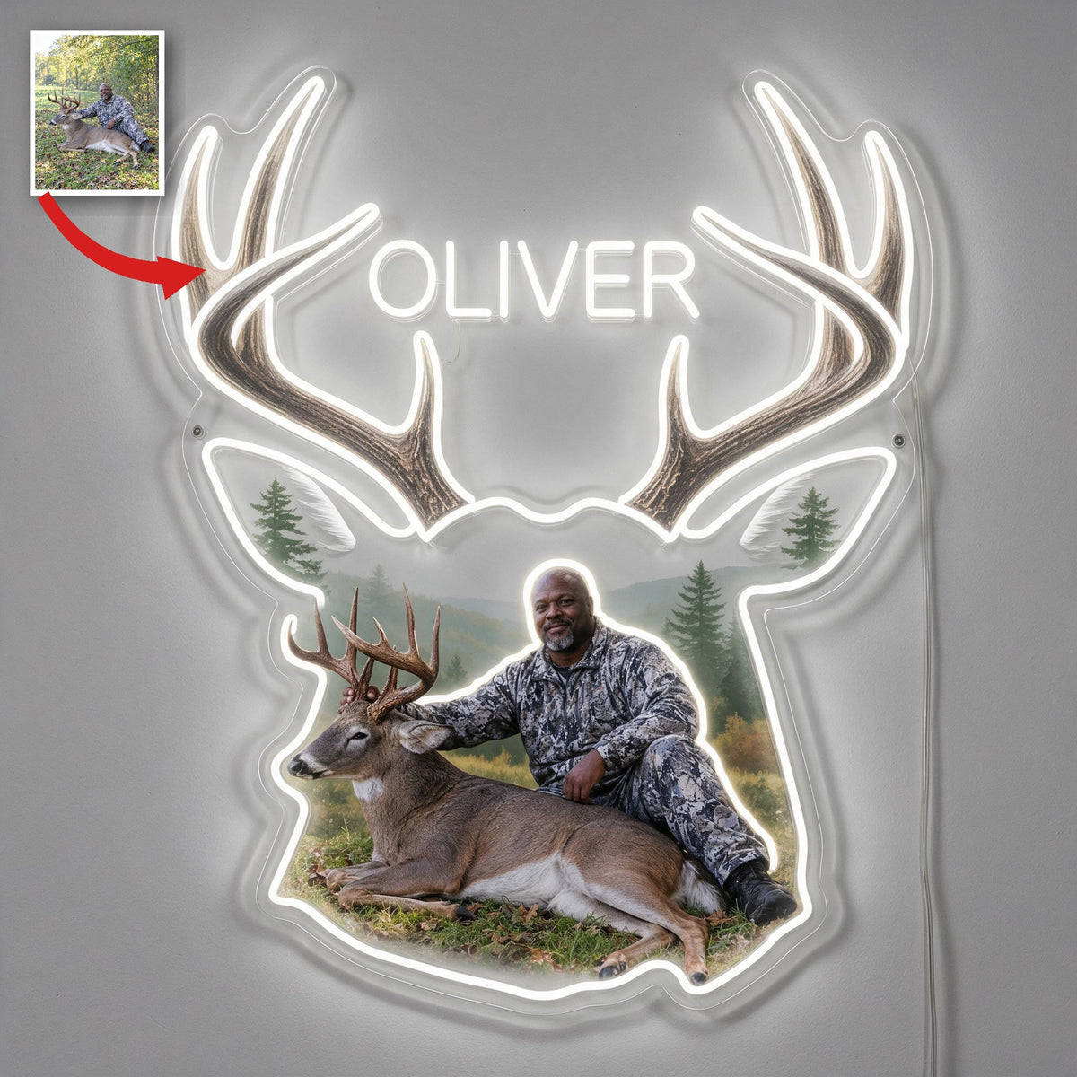Personalized Middle-Aged Black Hunter with Deer Neon LED Light Sign Hunting Decor