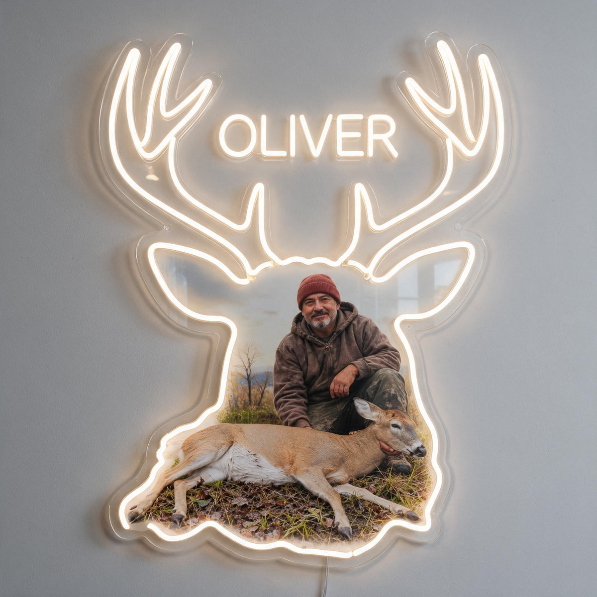 Personalized Middle-Aged Latino Hunter with Deer Neon LED Light Sign Hunting Decor