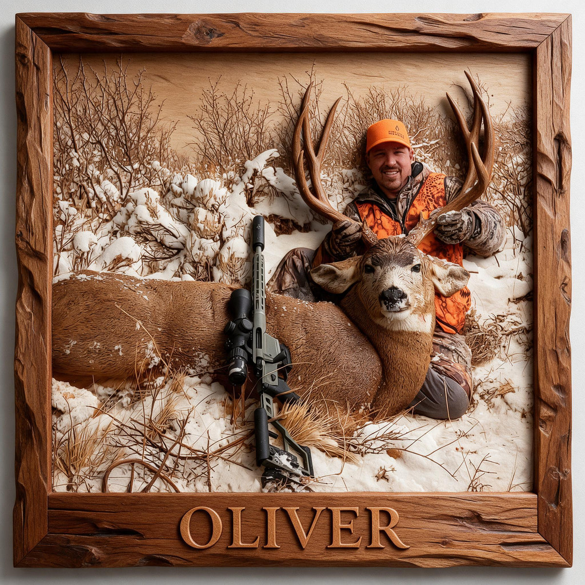 Personalized Custom Photo Middle-Aged Hunter with Deer Hunting Wood Sign