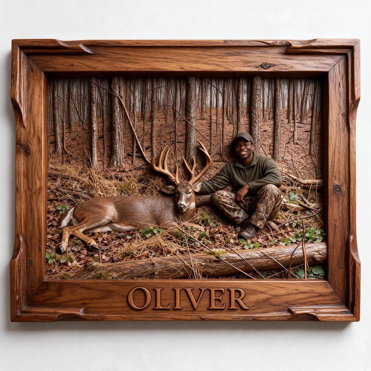 Personalized Custom Photo Black Hunter with Deer Wood Sign Hunting Home Decor