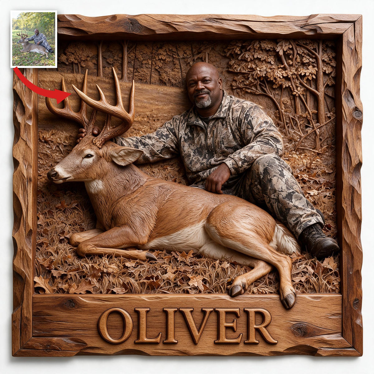 Personalized Custom Photo Middle-Aged Black Hunter with Deer Wood Sign Hunting Decor
