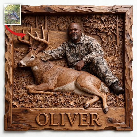 Personalized Custom Photo Middle-Aged Black Hunter with Deer Wood Sign Hunting Decor