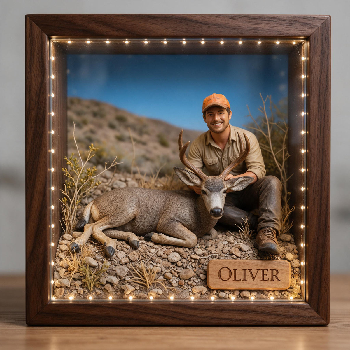 Personalized Custom Photo Latino Hunter with Deer Wooden Frame LED Light Hunting Gift
