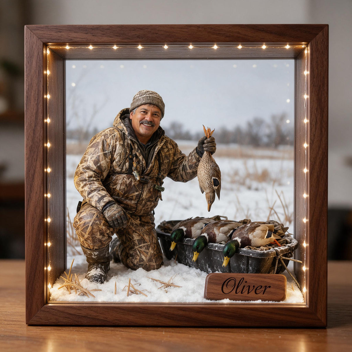 Personalized Custom Photo Middle-Aged Latino Duck Hunter Wooden Frame LED Light Hunting Gift