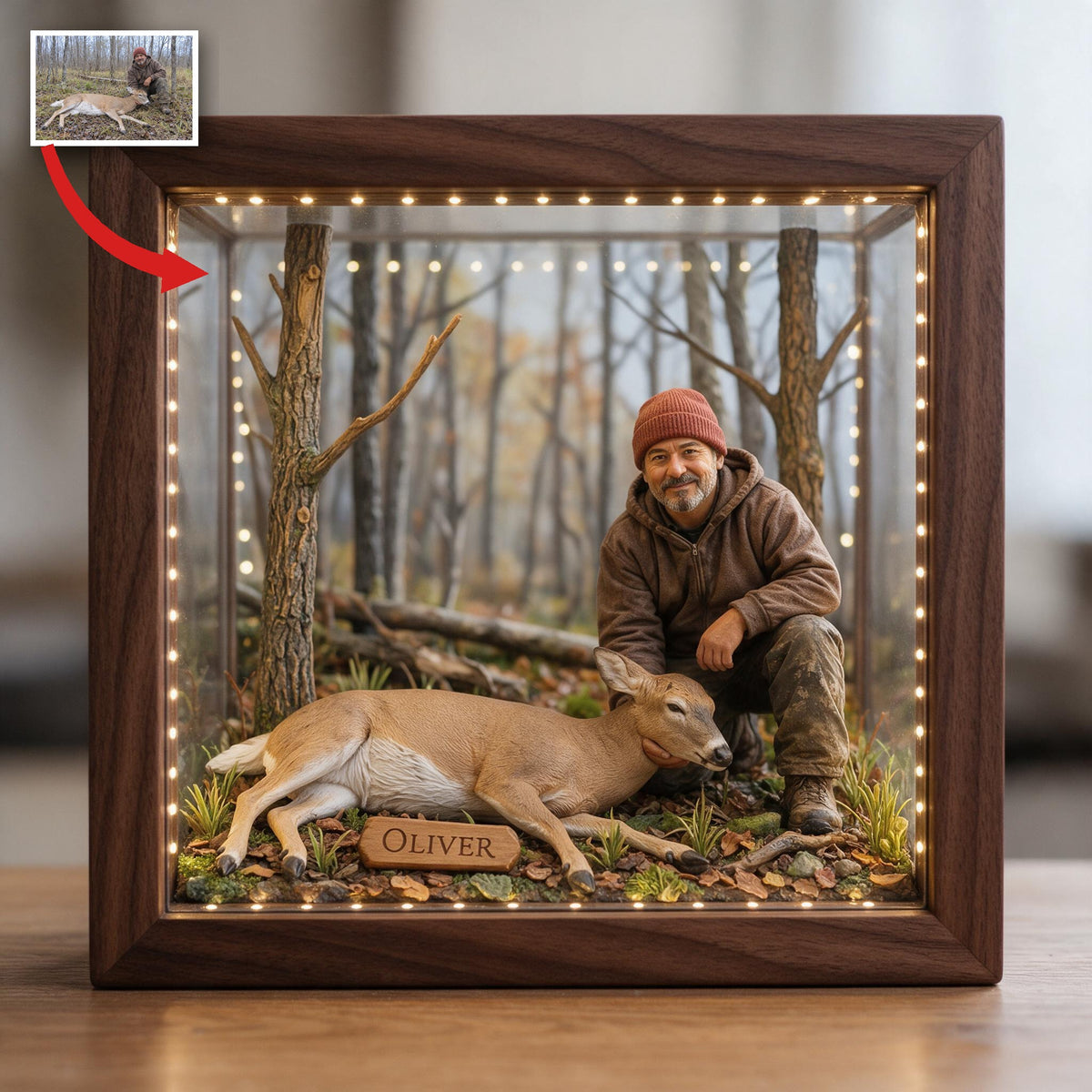 Personalized Custom Photo Middle-Aged Latino Hunter with Deer Wooden Frame LED Light Hunting Gift