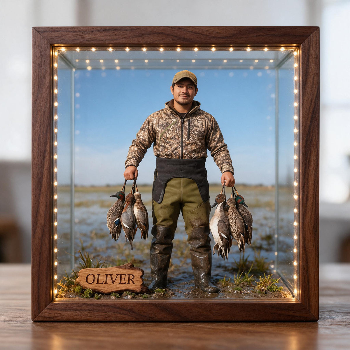 Personalized Custom Photo Latino Duck Hunter Wooden Frame LED Light Hunting Gift