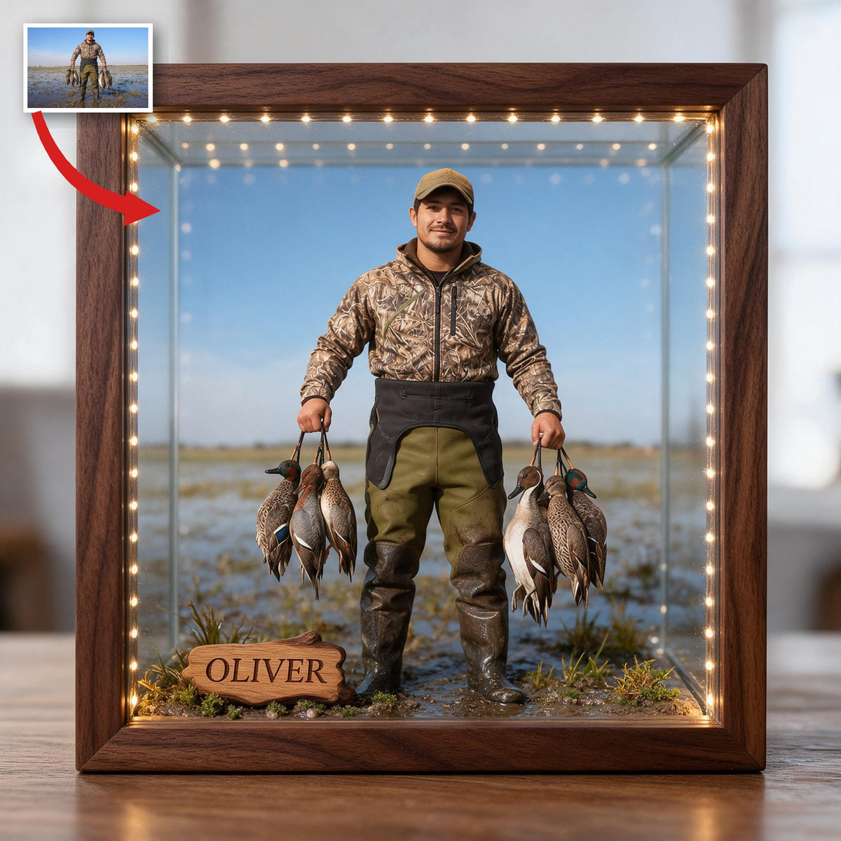 Personalized Custom Photo Latino Duck Hunter Wooden Frame LED Light Hunting Gift