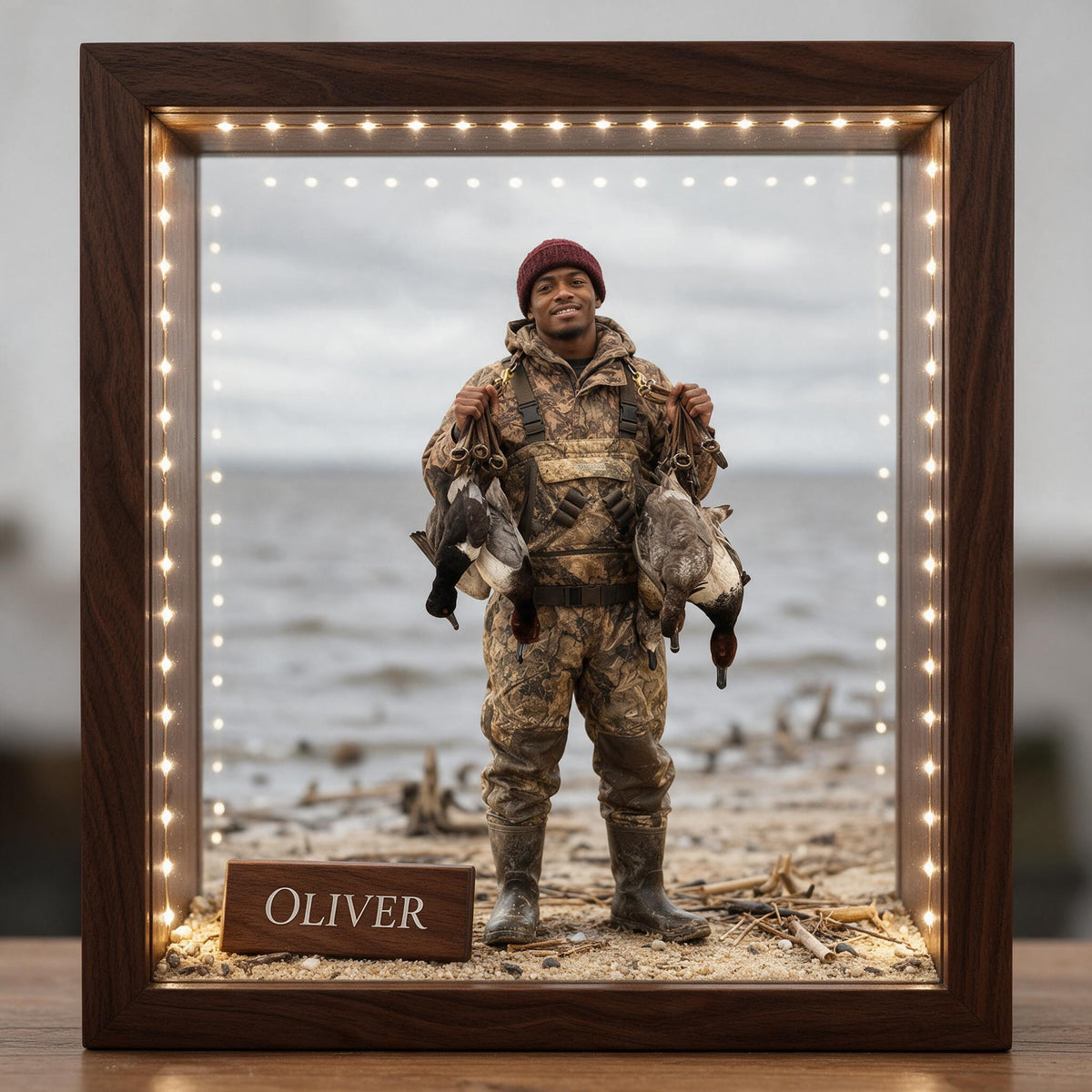 Personalized Custom Photo Black Duck Hunter Wooden Frame LED Light Hunting Gift