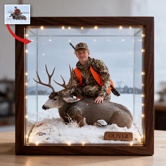 Personalized Custom Photo Hunter with Deer Wooden Frame LED Light Hunting Gift