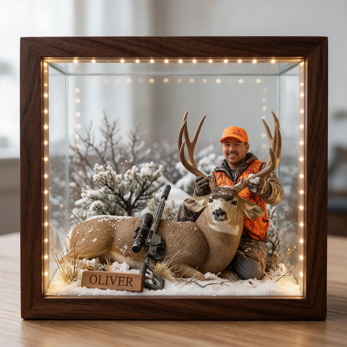 Personalized Custom Photo Middle-Aged Hunter with Deer Wooden Frame LED Light Hunting Gift