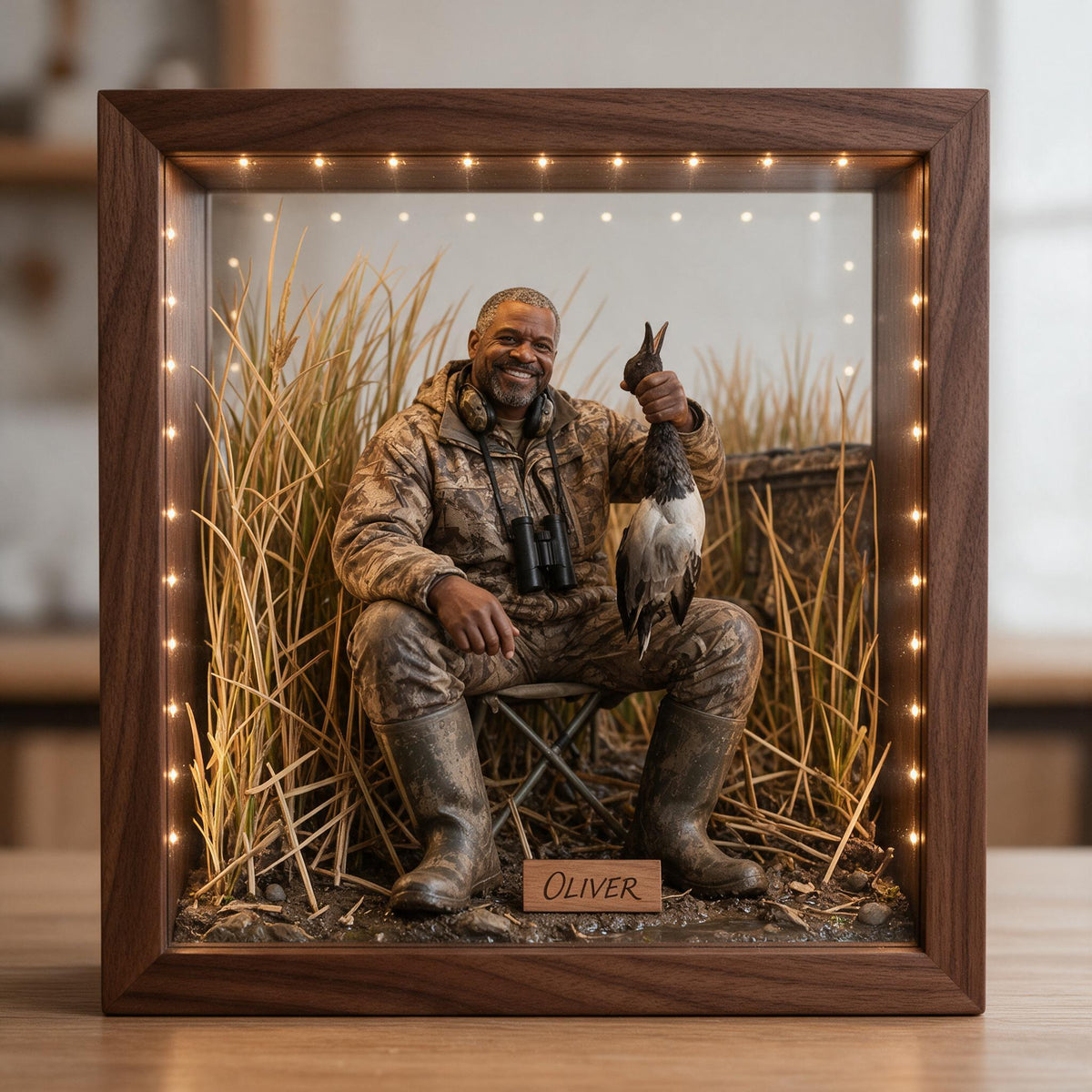 Personalized Custom Photo Middle-Aged Black Duck Hunter LED Wooden Frame Light Hunting Gift