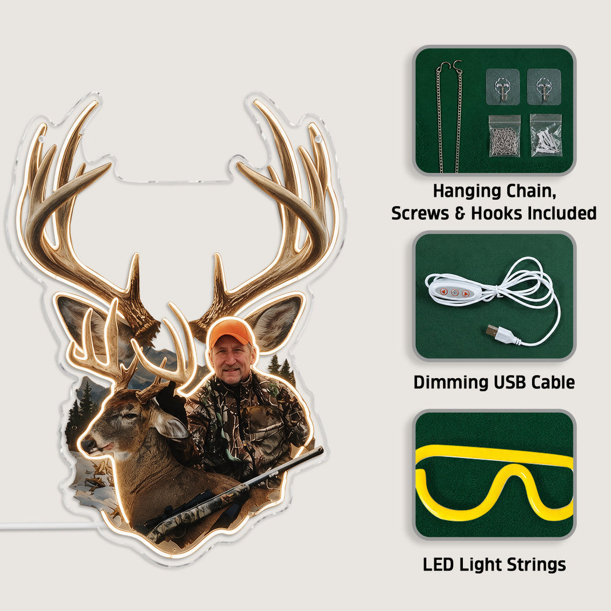 Personalized Custom Photo Hunting Group with Deer Neon LED Light Sign Hunting Cabin Decor