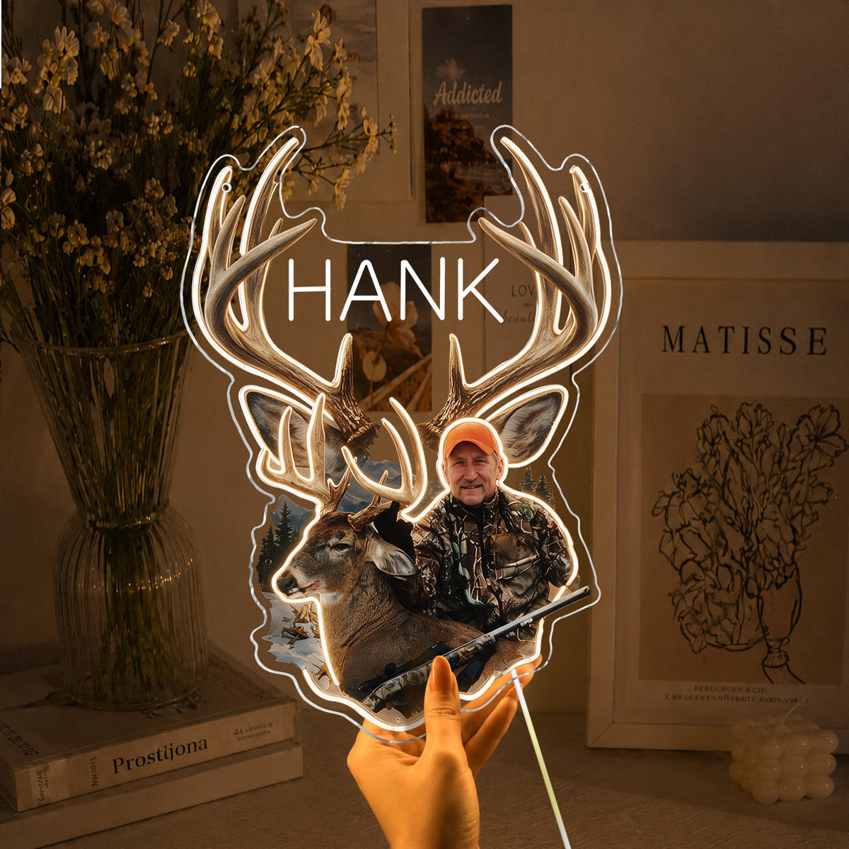 Personalized Middle-Aged Hunter with Deer Neon LED Light Sign Hunting Decor