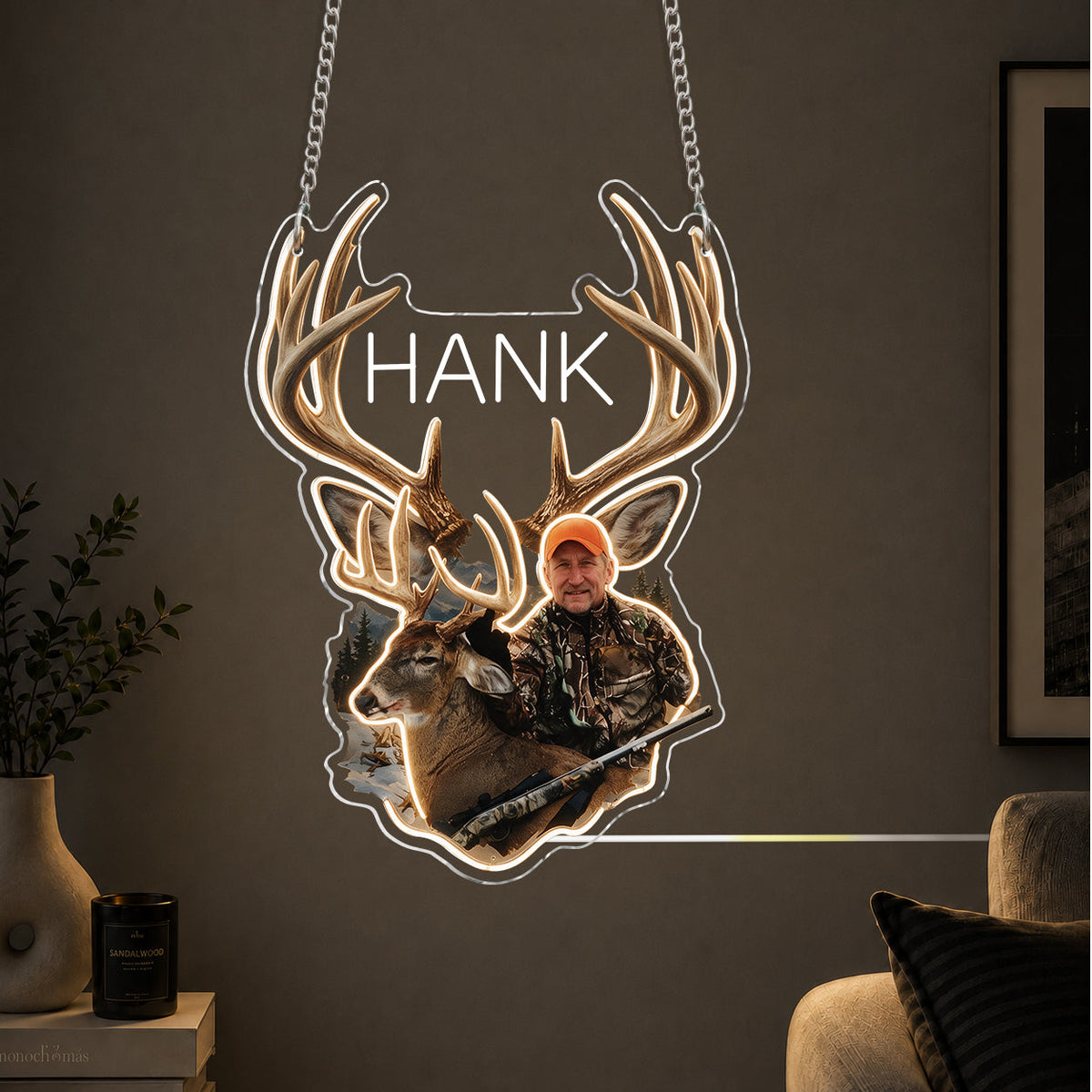 Personalized Middle-Aged Latino Hunter with Deer Neon LED Light Sign Hunting Decor