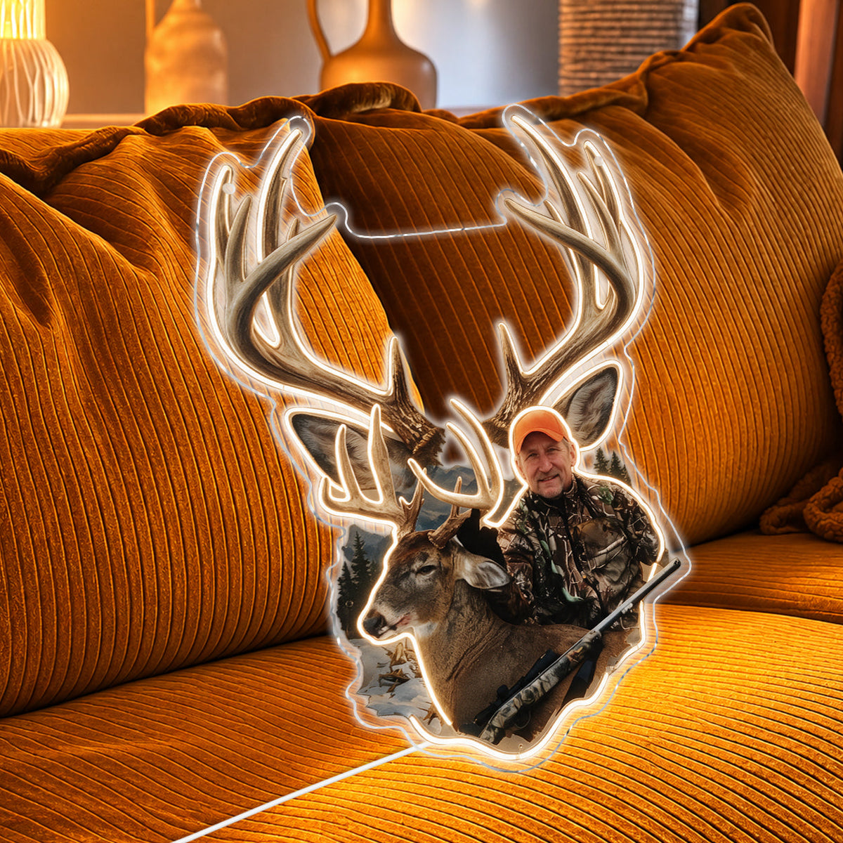Personalized Custom Photo Hunting Family with Deer Neon LED Light Sign Wall Decor