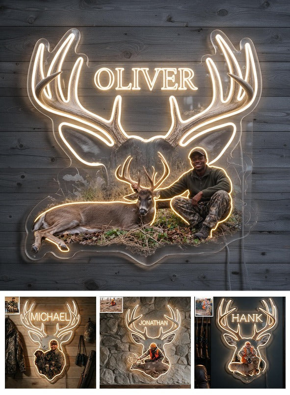 Personalized Black Hunter with Deer Neon LED Light Sign Hunting Wall Decor
