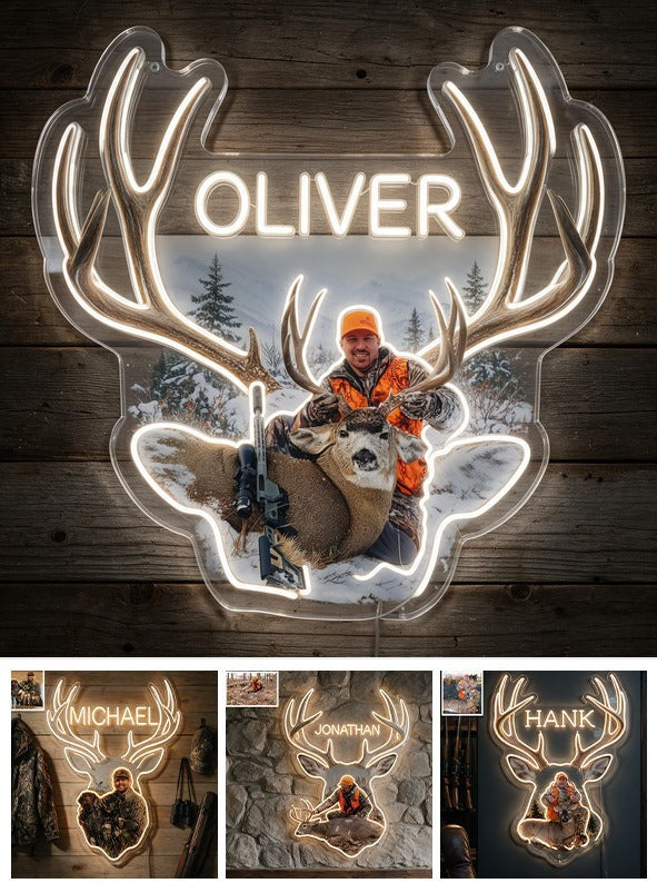 Personalized Middle-Aged Hunter with Deer Neon LED Light Sign Hunting Decor