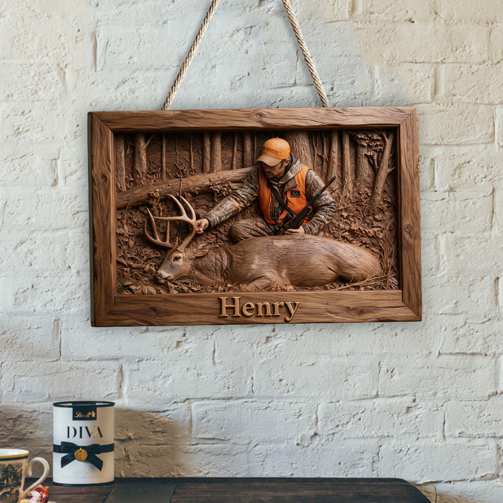 Personalized Custom Photo Black Hunter with Deer Wood Sign Hunting Home Decor