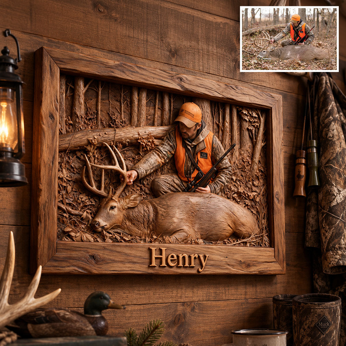 Personalized Custom Photo Middle-Aged Black Hunter with Deer Wood Sign Hunting Decor