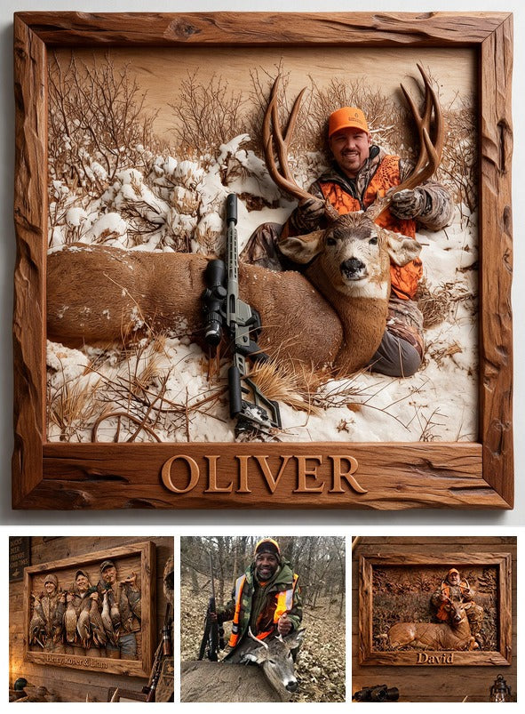 Personalized Custom Photo Middle-Aged Hunter with Deer Hunting Wood Sign