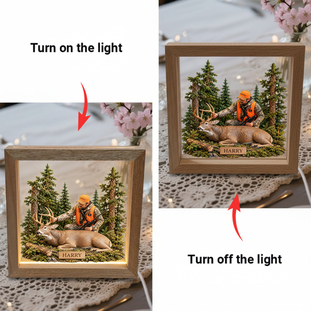 Personalized Custom Photo Hunter and Child with Deer Wooden Frame LED Light Hunting Gift