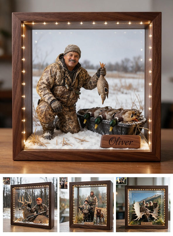 Personalized Custom Photo Middle-Aged Latino Duck Hunter Wooden Frame LED Light Hunting Gift