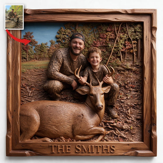 Panneau en Bois Personnalisé Photo Chasseur et Enfant avec Cerf
