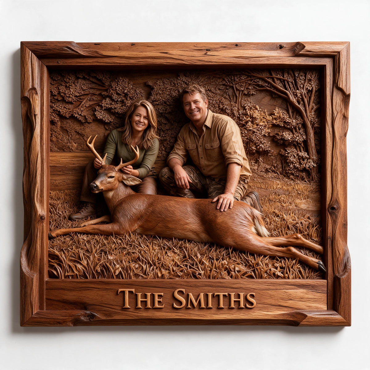 Personalized Custom Photo Middle-Aged Hunting Couple with Deer Shaped Wood Sign Hunting Decor