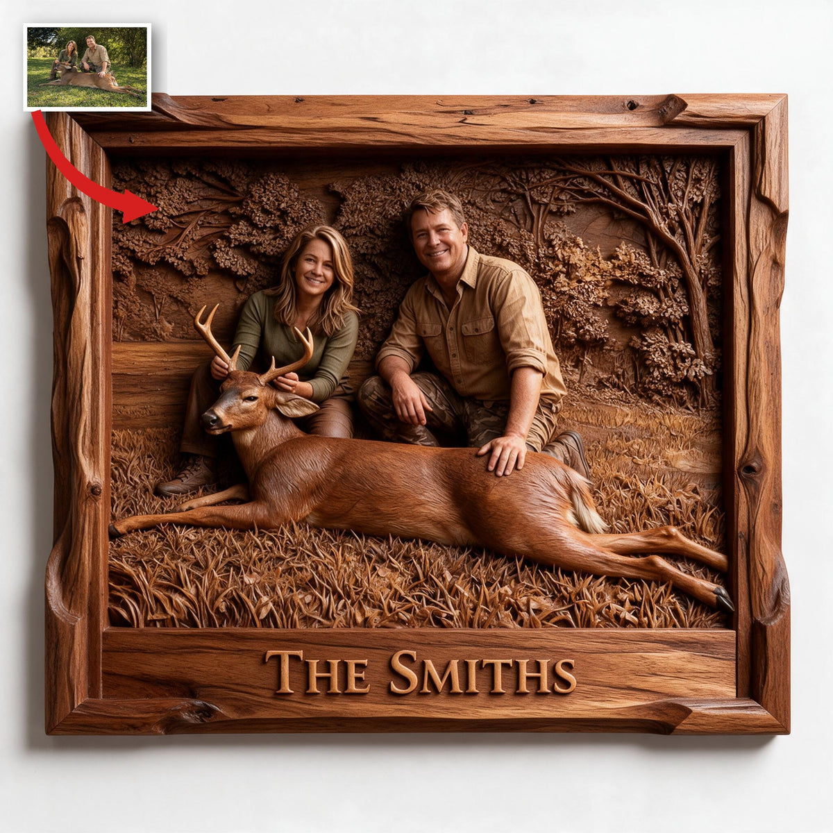 Personalized Custom Photo Middle-Aged Hunting Couple with Deer Shaped Wood Sign Hunting Decor